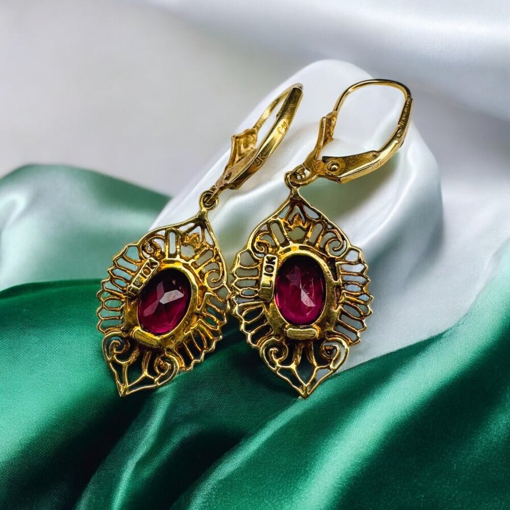 VINTAGE- 10K Gold- Natural Indian Garnet Earrings -Bohemian Filigree Dangle-3.9g - Picture 11 of 16